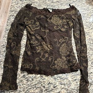 Brown boat neck net floral long sleeve